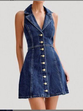 NWT Meshki Eugenie Collared Denim Mini Dress - Dark Blue